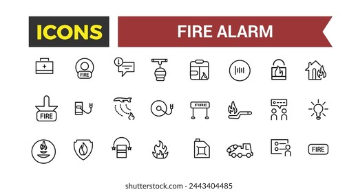 Conjunto de iconos de sistemas de alarma de incendios, relacionados con el detector, sensor de humo, rociador, módulo de extinción de polvo, panel de control de alarma de incendios, extintor, ilustración vectorial de emergencia