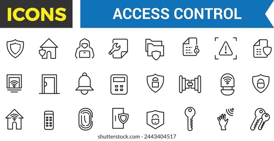 Conjunto De Iconos De Sistemas De Alarma De Incendio, Relacionado Con Detector, Conjunto De Iconos De Control De Acceso Relacionados Con Seguridad Del Hogar, Protección De La Casa, Smart House, Colección De Iconos De Esquema. Ilustración vectorial.