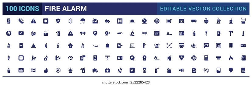 Fire alarm systems icons set, related to Alert, smoke sensor, glyph collection for web and ui. Filled icon pack, Solid icons set. Vector illustration.