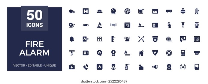 Fire alarm systems icons set, related to Alert, smoke sensor, glyph collection for web and ui. Filled icon pack, Solid icons set. Vector illustration.