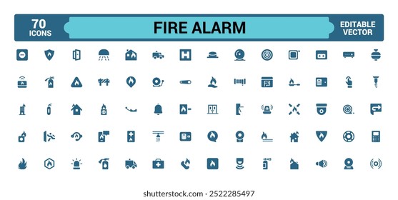 Fire alarm systems icons set, related to Alert, smoke sensor, glyph collection for web and ui. Filled icon pack, Solid icons set. Vector illustration.