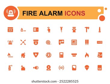 Fire alarm systems icons set, related to Alert, smoke sensor, glyph collection for web and ui. Filled icon pack, Solid icons set. Vector illustration.
