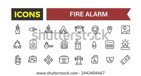 Fire Alarm Systems Icons Set, Related To Detector, Smoke Sensor, Sprinkler, Powder Extinguishing Module, Fire Alarm Control Panel, Extinguisher, Emergency Vector Illustration