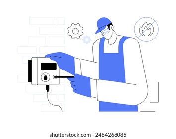 Ilustración vectorial abstracta del concepto de la instalación de las alarmas contra incendios. Reparador instala alarmas contra incendios, construcción comercial, proceso de construcción, trabajos de interiores, equipo detector metáfora abstracta.