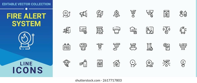 Fire Alert System icon pack. Related to rescue, extinguisher, emergency, firefighter and more. Fire Alarm modern icon set. Thin line icons set. Editable vector art and illustration.