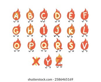 Fire Alphabet with Burning Letters in Flat Style, Flame Text Effect, and Fiery Typography