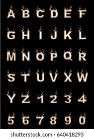 Fire alphabet, cartoon-style, simple brown