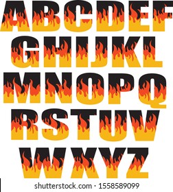 Fire alphabet font vector Illustration isolated on white background. Hot typography.Burning fire flaming font and alphabet Fiery alphabet.  Red and orange flames . blaze letters 
