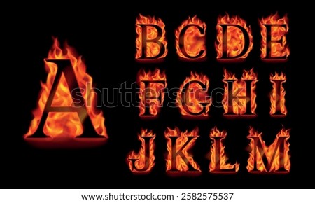 Fire alphabet letters A, B, C, D, E, F, G, H, I, J, K, L, M isolated on a black background. Black serif font in orange flames. Vector illustration. 