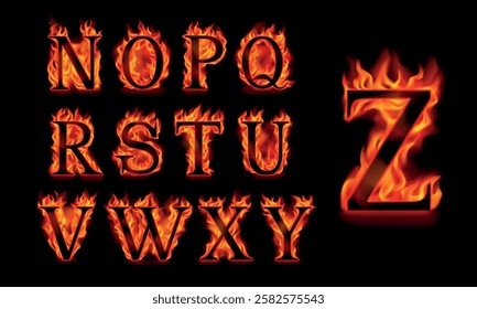 Fire alphabet letters N, O, P, Q, R, S, T, U, V, W, X, Y, Z isolated on a black background. Black serif font in orange flames. Vector illustration.