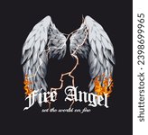 fire angel slogan with angels wings on fire and thunder vector illustration on black background