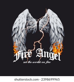 fire angel slogan with angels wings on fire and thunder vector illustration on black background