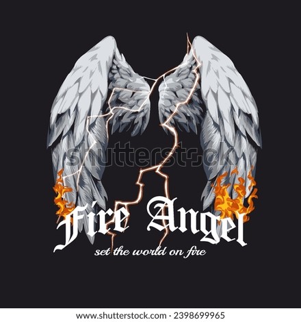 fire angel slogan with angels wings on fire and thunder vector illustration on black background
