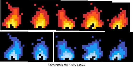 Fire animation 5 frames pixel drawing for games or gif