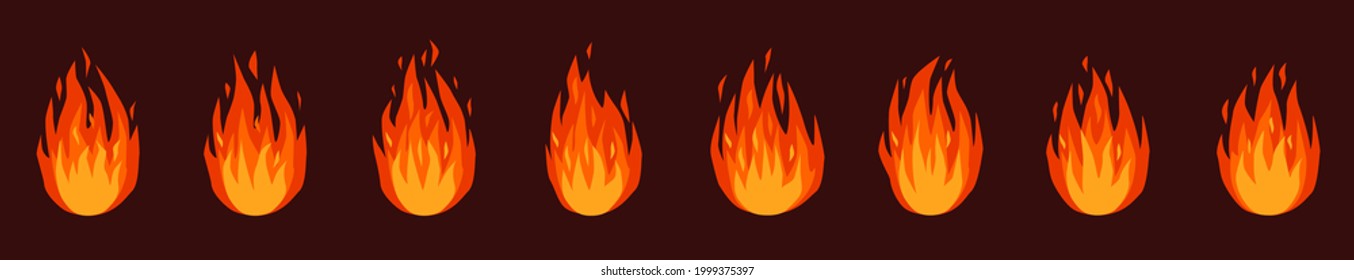 Fire animation. Burning bonfire or campfire, torch fire flames. Red, orange blazing fires effect animated sprites sheet cartoon vector set. Hot flame energy, colorful fire effect for game