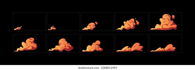 Feueranimation. Cartoon-Feuerexplosion-Sprite-Blatt für Animation, Videospiele. Flammenexplosionswirkung. 