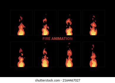Fire animation. Cartoon style set of camp fire sprites for animation, video games. flame explode effect sprite sheet. Fire explosion.eps-10 vector illustration.