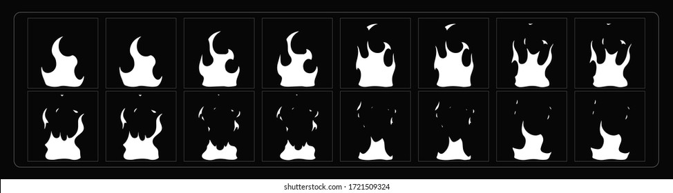 Feueranimationseffekt. Cartoon Fire Explosion Sprites Blatt für Fackel, Lagerfeuer, Videospiele, Cartoon oder Animation. Vektorfeuerrahmen.