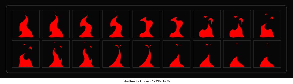 Fire animation effect. Cartoon Fire Explosion sprites sheet for torch, campfire, video games, cartoon or animation. Vector fire frame.