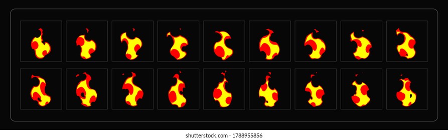 Fire animation effect. Cartoon style fire explosion sprites sheet for torch, campfire, video games, cartoon and motion. EPS-10 Vector fire frame.