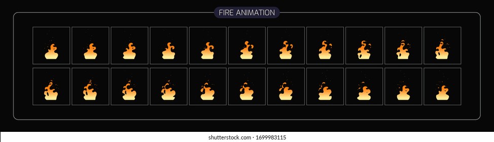 Feueranimierungseffekt. Fire FX Sprite Sheet of Ready für Spiele, Cartoon oder Animation und Motion Design. Lagerfeuer-FX. eps10 Vektorillustration Illustration.