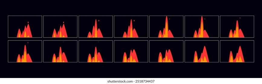 Feueranimationseffekt. Feuer FX Sprites Blatt für Lagerfeuer, Cartoon, Spiele und Animation.