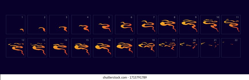 Fire animation effect. Animation of Fire. Sprite sheet for game or cartoon or animation. 2d classic animation smoke effect.
