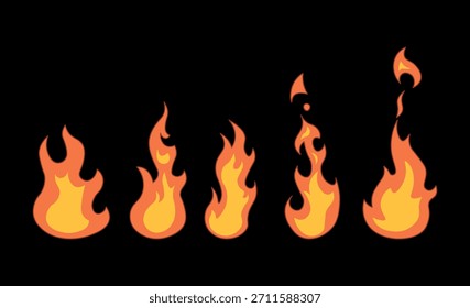Animación de fuego. Conjunto de llama de fuego naranja. Colección de elemento flameante caliente para la animación del juego. Iconos del vector en estilo de la historieta