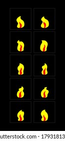 Fire animation sprite sheet. Flame frames   effect for game design, torch, campfire, fire trap, fire pillar. Vector illustration EPS 10