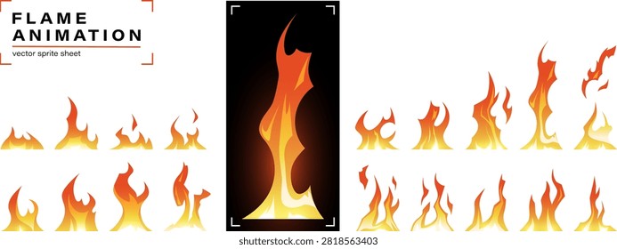 Fire animation sprite sheet. Flame movement sequence frame for games, videos, motion designs. Cartoon 2d vector set. Burning fire of candle, torch, bonfire. Illustration isolated on a white background.