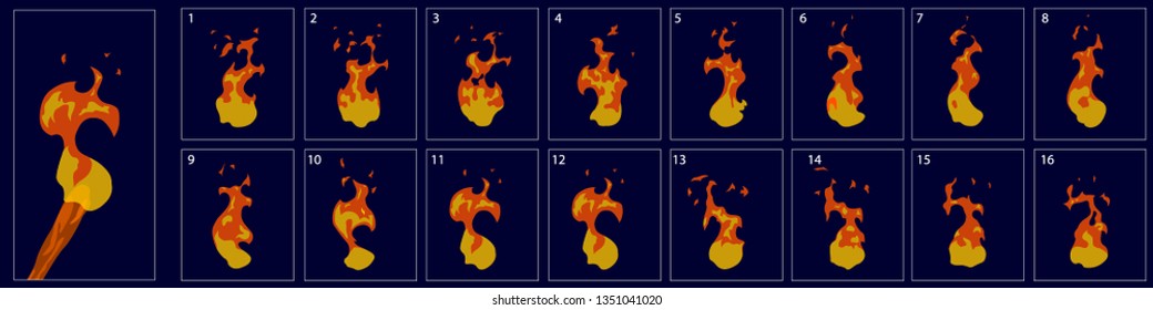 Fire Animation. Sprite sheet of fire, torch, campfire, fire trap, fire pillar or something else. Animation for game or cartoon. Frame by frame animation. - Vector