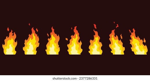 Fire animation sprites. Set of red and orange fire flame. Flames of different shapes. Collection of hot flaming element for game animation. Vector icons in cartoon style