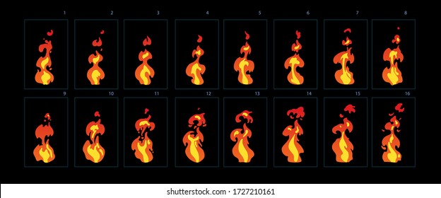 Feueranimation. Sprites Blatt Feuer-Animation, Lagerfeuer, Feuerfalle, Feuersäulenvektor Flammenfilme für Spiel.-Vektor