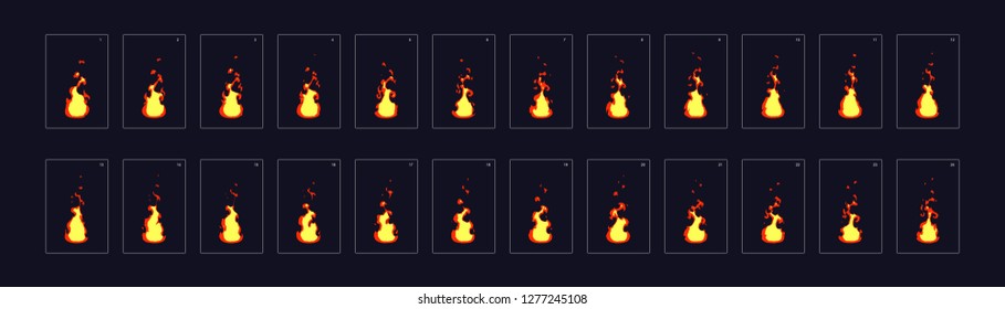 Feueranimationsspritzen, Taschenlampen, Lagerfeuer, Feuerfalle, Feuersäulenvektorflammenfilme für das Spieldesign