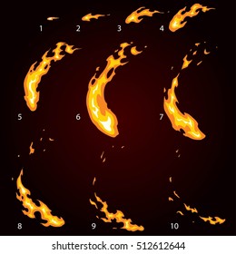 Fire animation sprites, vector flame video frames for game design. Fire storyboard.