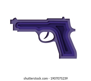 Feuerarmpistolenform im 3D-Papierschnitt-Stil. Layered Papierschnitt-Illustration von automatischer Schusswaffe auf isoliertem Hintergrund. Kriminalitätskonzept, Geweberegelungsrecht Thema, Polizeidesign.