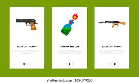 Juego de iconos planos de armas de fuego. Pistola, botella, soldado aislado de la señal vectorial. Concepto militar y de armas. Elementos de símbolo de ilustración vectorial para diseño web y aplicaciones