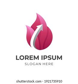 logotipo de flecha de fuego, incendio y flecha, logotipo combinado con estilo de color rojo 3d