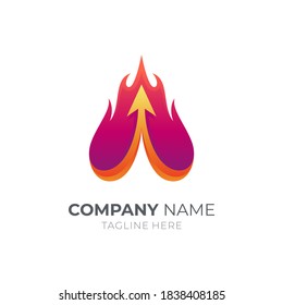 Fire and up arrow logo design with simple 3d shape in gradient red yellow color