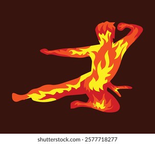 Fire art vector illustration. Martial arts figure with fire. Human figure made by fire.