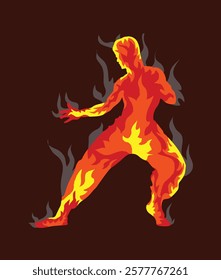 Fire art vector illustration. Martial arts figure with fire. Human figure made by fire.