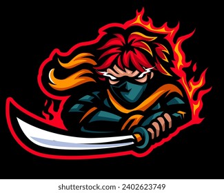 Mascota de la espada del asesino del fuego, Ilustración del logotipo del vector