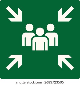 Signo del punto de montaje del fuego símbolo de la gente flechas reunión de emergencia de evacuación de seguridad aislada sobre fondo blanco