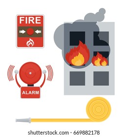 Fire and automatic fire alarm. Alert and alarm in case of fire. Flat vector cartoon illustration. Objects isolated on a white background.