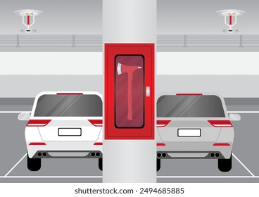 Fire Axe Box. Firefighter Axe Box installed on Pole in Parking Lot. Vector Illustration. 