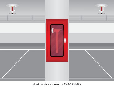 Fire Axe Box. Firefighter Axe Box installed on Pole in Parking Lot. Vector Illustration. 