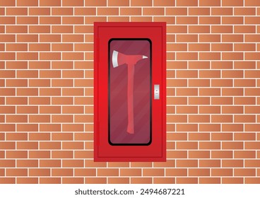 Fire Axe Box on Wall. Firefighter Axe.  Vector Illustration.