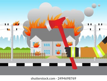 Fire Axe. Firefighter on Duty Holding Fire Axe Fighting with Fire Flame in Burning House and Building.