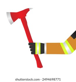 Fire Axe. Firefighter on Duty Holding Fire Axe Fighting with Fire Flame in Burning House and Building.