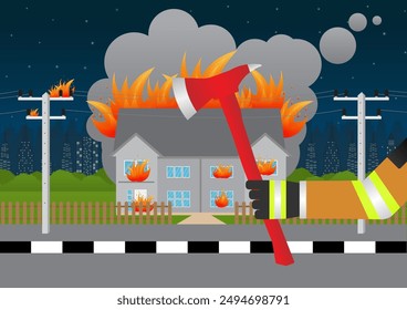 Fire Axe. Firefighter on Duty Holding Fire Axe Fighting with Fire Flame in Burning House and Building.